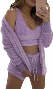 img 4 attached to Stay Cozy And Stylish With Famnbro Women'S Fuzzy 3 Piece Set - Hooded Cardigan, Crop Top, And Shorts