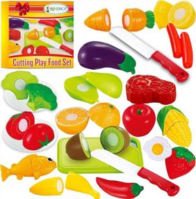 img 4 attached to FunERICA 37-Piece Cuttable Fruit And Vegetable Kitchen Toy Set With Knives, Cutting Board, Plates - Educational And Fun Play Pretend Food For Kids - Ideal Gift For Toddlers, Boys, Girls