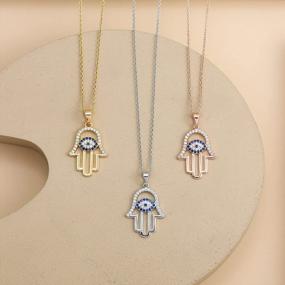 img 1 attached to 14K Gold Plated Hamsa Hand Necklace - SLOONG Evil Eye Third Eye White Blue Cz Womens Pendant For Women Girlfriend Mom