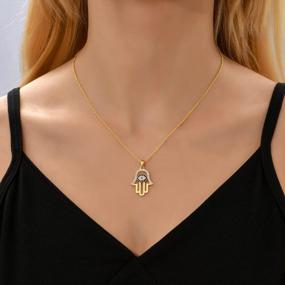 img 3 attached to 14K Gold Plated Hamsa Hand Necklace - SLOONG Evil Eye Third Eye White Blue Cz Womens Pendant For Women Girlfriend Mom