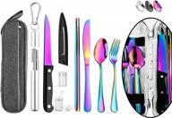 reusable stainless steel travel utensil set with case, chopsticks and straw - rainbow color portable cutlery for camping & travel. logo