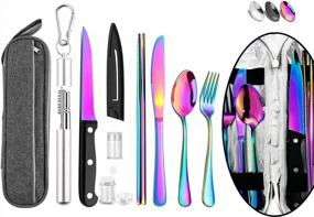 img 4 attached to Reusable Stainless Steel Travel Utensil Set With Case, Chopsticks And Straw - Rainbow Color Portable Cutlery For Camping & Travel.