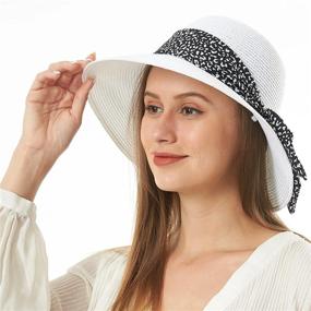 img 1 attached to Женская летняя пляжная соломенная шляпа от солнца с бантом, защита от ультрафиолета UPF 50, широкие поля, складная кепка с ремешком на подбородке