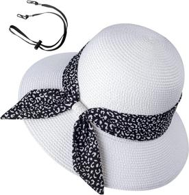 img 4 attached to Женская летняя пляжная соломенная шляпа от солнца с бантом, защита от ультрафиолета UPF 50, широкие поля, складная кепка с ремешком на подбородке