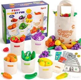 img 4 attached to EFO SHM Wooden Farmers Market Color Sorting Toys: Montessori Educational Toy for Toddlers with Pretend Play Food Set, Fruit & Vegetables Kitchen Set, Sorting Bag, Play Money, and Shopping Bag