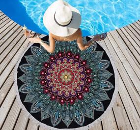img 3 attached to Boho Bliss: LIVILAN Round Mandala Beach Towel For Women With Tassels - Soft Microfiber Circle Beach Blanket, Perfect For Hippie Gifts & Bohemian Decor - 59” Quick Dry Sand Free Tapestry