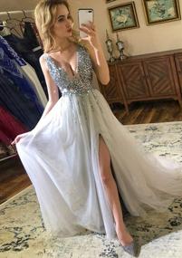 img 2 attached to Prom Dresses Sexy Deep V Neck Sequins Beads Tulle And Lace High Split Long Evening Dresses Bridal Wedding Dress