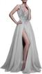 prom dresses sexy deep v neck sequins beads tulle and lace high split long evening dresses bridal wedding dress logo