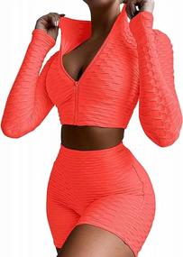 img 4 attached to WADAYUYU Workout Sets For Women 2 Piece Outfits Long Sleeve Zipper Crop Top Gym Textured Tracksuit Yoga Shorts Set