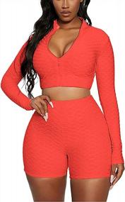 img 3 attached to WADAYUYU Workout Sets For Women 2 Piece Outfits Long Sleeve Zipper Crop Top Gym Textured Tracksuit Yoga Shorts Set