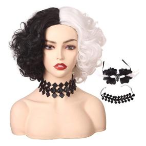 img 4 attached to Black And White Half And Half Curly Wig With Necklace And Mask - ColorGround Women'S Short Hairpiece