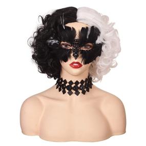img 3 attached to Black And White Half And Half Curly Wig With Necklace And Mask - ColorGround Women'S Short Hairpiece