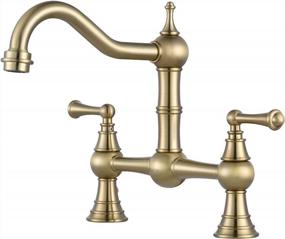img 4 attached to Antique Brass 2-Handle 8" Centerset Bridge Kitchen Faucet 360° Swivel Vintage Tap WOWOW Gold