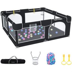 img 4 attached to 👶 Portable Extra Large Baby Playpen for Babies and Toddlers 59"x70" - Indoor Baby Playard with 2 Doors - Black Baby Play Yard Fence Including 50 Ocean Balls, 2 Pull Rings, and a Storage Bag