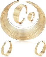 gold plated african chunky jewelry set with multiple strands choker necklace, cuff bracelet, open hoop earrings, and ring - perfect statement costume jewelry for women by yadoca logo