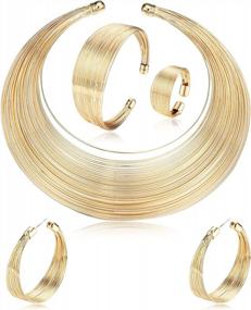 img 4 attached to Gold Plated African Chunky Jewelry Set With Multiple Strands Choker Necklace, Cuff Bracelet, Open Hoop Earrings, And Ring - Perfect Statement Costume Jewelry For Women By YADOCA