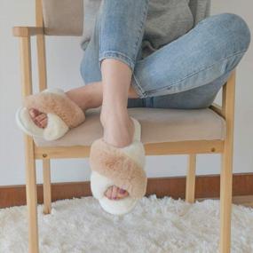 img 1 attached to Cozy Women'S Plush Cross Band Slippers - Set Of 2 Pairs With Furry Fur, Open Toe, Anti-Slip Sole For Home Comfort - US Size 9-10 In Cream/White And Camel Colors