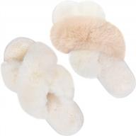 cozy women's plush cross band slippers - set of 2 pairs with furry fur, open toe, anti-slip sole for home comfort - us size 9-10 in cream/white and camel colors logo