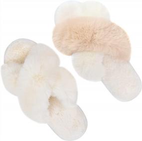 img 4 attached to Cozy Women'S Plush Cross Band Slippers - Set Of 2 Pairs With Furry Fur, Open Toe, Anti-Slip Sole For Home Comfort - US Size 9-10 In Cream/White And Camel Colors