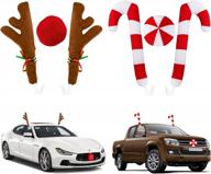 christmas car decoration set - reindeer antlers with plush bells, candy cane nose and rudolph design for suv, van, truck window grille - 2 pairs included! logo