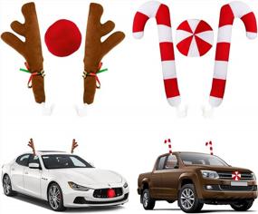 img 4 attached to Christmas Car Decoration Set - Reindeer Antlers With Plush Bells, Candy Cane Nose And Rudolph Design For SUV, Van, Truck Window Grille - 2 Pairs Included!