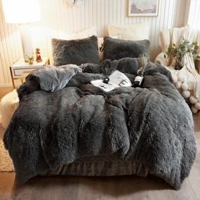 img 4 attached to Experience Luxurious Comfort With XeGe Plush Shaggy Duvet Cover Set - Twin Size Dark Grey With Ultra Soft Crystal Velvet Fluffy Bedding And Faux Fur Pillowcase Included