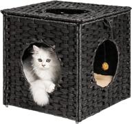 mewoofun rattan cat house: wicker cat bed for indoor cats, detachable cat house with litter box, soft cushion, and ball toy logo