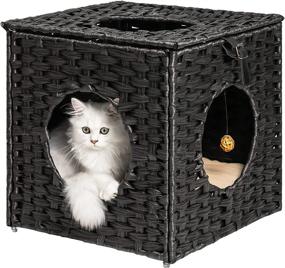 img 4 attached to MEWOOFUN Rattan Cat House: Wicker Cat Bed for Indoor Cats, Detachable Cat House with Litter Box, Soft Cushion, and Ball Toy