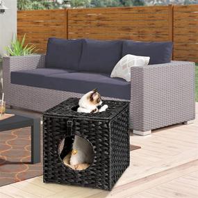 img 1 attached to MEWOOFUN Rattan Cat House: Wicker Cat Bed for Indoor Cats, Detachable Cat House with Litter Box, Soft Cushion, and Ball Toy