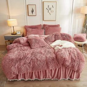 img 4 attached to LIFEREVO Luxury Plush Shaggy Duvet Cover Set Luxury Ultra Soft Crystal Velvet Bedding (1 Faux Fur Duvet Cover + 1 Pompoms Fringe Pillow Cover),Zipper Closure (Twin,Old Pink)