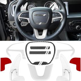 img 4 attached to White 8PCS Steering Wheel Cover Trim Interior Accessories Kit for 2015-2022 Dodge Challenger Charger Durango with Shift Paddle Extended Emblem, 3D Domed Badge Overlay Decal Sticker Set