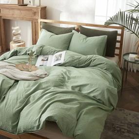 img 3 attached to Mixinni 3-Piece Queen Size Duvet Cover Set - 100% Natural Washed Cotton, Soft & Breathable With Zipper Ties (Green).