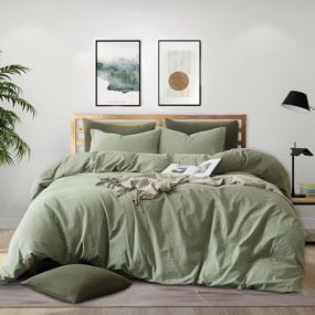 img 4 attached to Mixinni 3-Piece Queen Size Duvet Cover Set - 100% Natural Washed Cotton, Soft & Breathable With Zipper Ties (Green).