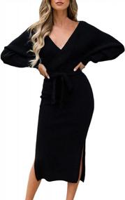 img 4 attached to Selowin Stylish V-Neck Backless Sweater Dress With Batwing Sleeves, Slit Detail, And Belt