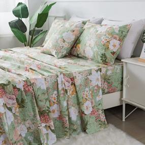 img 4 attached to FADFAY Sheets Set King Floral Sheets 100% Cotton Elegant Farmhouse Bedding Mint Green Leaves And White Flower Printed Bed Sheet Soft Botanical Lily Pattern Deep Pocket Sheet 17.5'' 4 Pcs, King