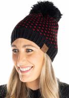women's chunky knit beanie hat with feathered pom pom and slip stitch jumbo yarn logo