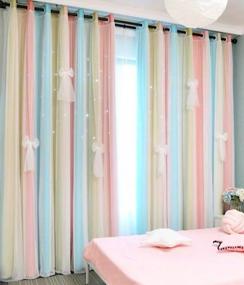 img 4 attached to Yancorp Girls Curtains - Baby Pink/Blue Double Layer W/ Lace Sheer & Star Cutout Grommet Design, 104" W X 63" H (2 Panels)