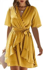 img 4 attached to Women'S V-Neck Short Sleeve Polka Dot Floral A-Line Dress With Tie Belt And Ruffle Irregular Hem