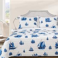 ocean-inspired driftaway 3 piece harbor quilt set with sailboat print, navy queen size coverlet for bedroom, prewashed for softness logo