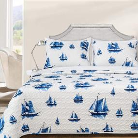 img 4 attached to Ocean-Inspired DriftAway 3 Piece Harbor Quilt Set With Sailboat Print, Navy Queen Size Coverlet For Bedroom, Prewashed For Softness