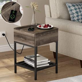 img 1 attached to Rustic Grey Nightstand With Charging Station, Drawer, And Metal Shelf - Ideal Bedside Table For Small Spaces, Bedrooms, And Living Rooms, Equipped With USB Ports For Convenient Charging