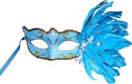 blue christmas party mask with rhinestones, pearls, and feather accents logo