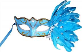 img 2 attached to Blue Christmas Party Mask With Rhinestones, Pearls, And Feather Accents