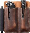 full grain leather edc pocket organizer with pen loop - ideal pocket slip, knife pouch, and carrier for everyday carry organization in chestnut color logo
