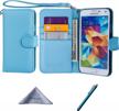 blue pu leather flip folio wallet case for samsung galaxy s5 - credit card holder, wrist strap & magnetic closure logo