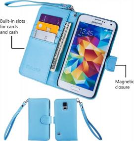 img 1 attached to Синий чехол-кошелек из искусственной кожи с откидной крышкой для Samsung Galaxy S5 - держатель кредитной карты, ремешок на запястье и магнитная застежка