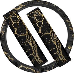 img 4 attached to 🚗 FKELYI Black Gold Car Steering Wheel Cover+Seat Belt Pads Set - Anti-Slip Neoprene Wrap, Universal Fit for Vehicle SUV Truck Van