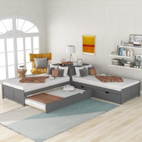 img 2 attached to Twin Size L-Shaped Platform Bed With Trundle, Merax Storage Daybed, Convertible Two Drawers And Built-In Desk For Living Room, Bedroom, Guest Room - No Box Spring Needed (Grey)