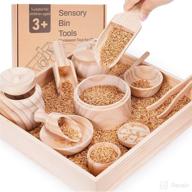 wooden sensory bin tools set for toddlers - montessori toys, sensory toys for fine motor development - includes 12 wooden scoops and tongs for transfer work and motor skills learning logo