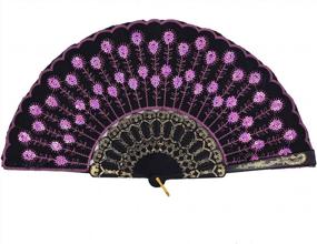 img 4 attached to Handmade Colorful Embroidered Flower Peacock Pattern Sequin Folding Fans For Women By Amajiji - Elegant Pink Fabric Design